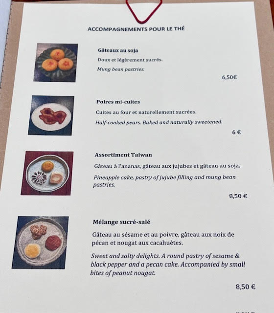 Food menu at Wistaria Paris Tea House in June 2024