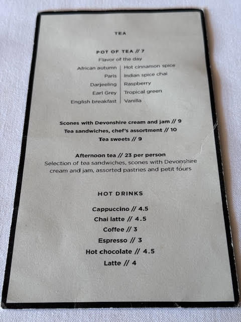 Tea and drinks menu at Gryphon in July 2024.