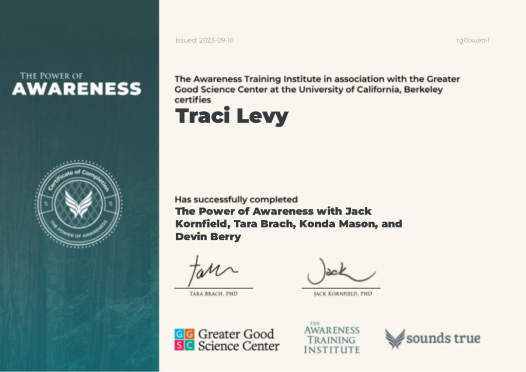 Traci Levy's Power of Awareness completion certificate. This program was an in-depth experience with meditation training.