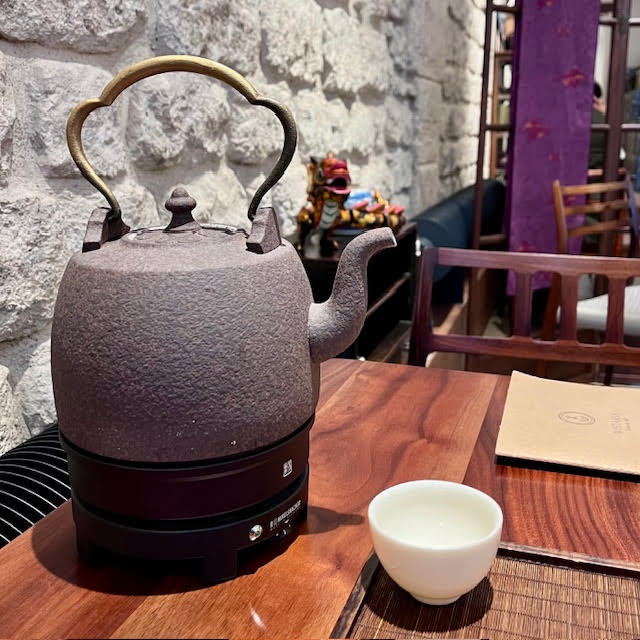 Terra cotta kettle with electric base at Wistaria Paris