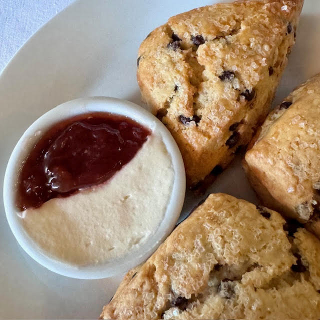 Devonshire cream, raspberry jam, and chocolate chip scones at Gryphon in Savannah.