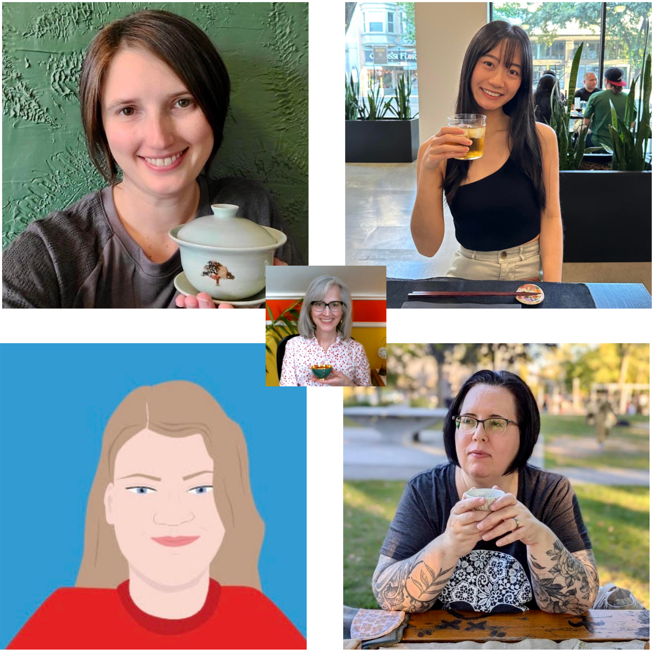 Photo of all 5 tea-loving storytellers and the host , Traci, of Story of a Teacup 2024.