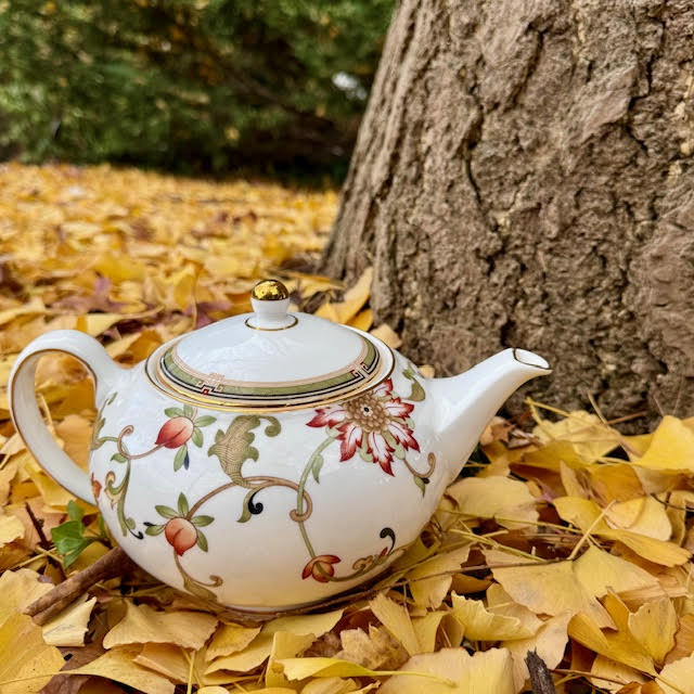 Oberon WEdgwood teapot--white with flowers and vines--on a bed of yellow gingko leaves